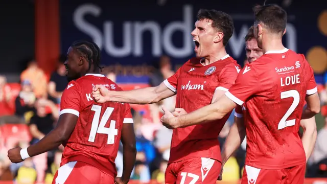 Dara Costelloe celebrates scoring for Accrington.