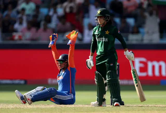 India wicketkeeper Richa Ghosh appeals for a catch off Pakistan's Fatima Sana