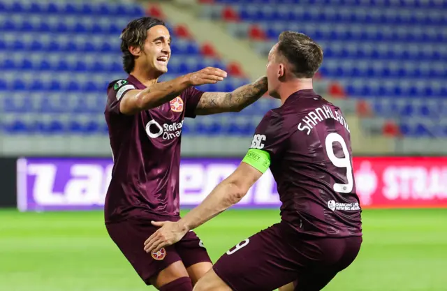 Hearts' Yan Dhanda and Lawrence Shankland celebrate