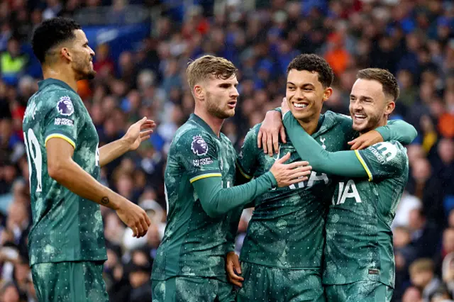 Brennan Johnson of Tottenham Hotspur celebrates scoring his team's first goal with teammates Dominic Solanke, Timo Werner, and James Maddison