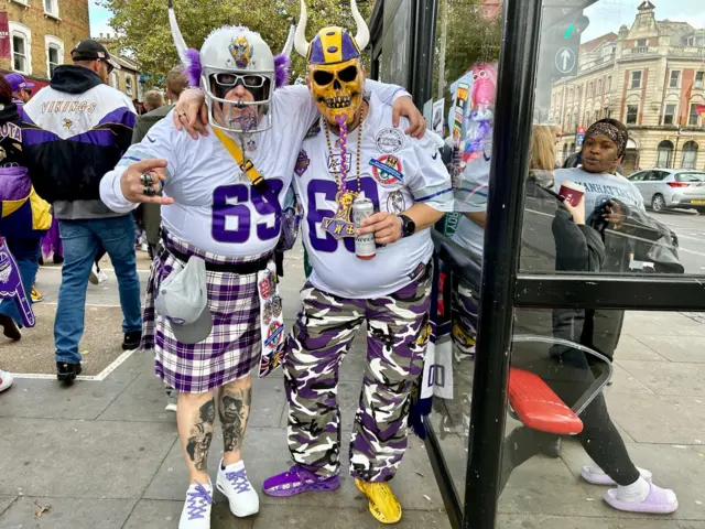 Minnesota Vikings fans on their way to Tottenham Hotspur Stadium