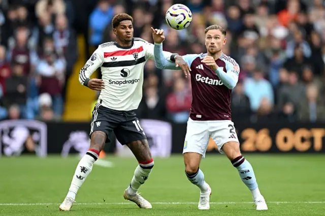 Marcus Rashford of Manchester United battles for possession with Matty Cash