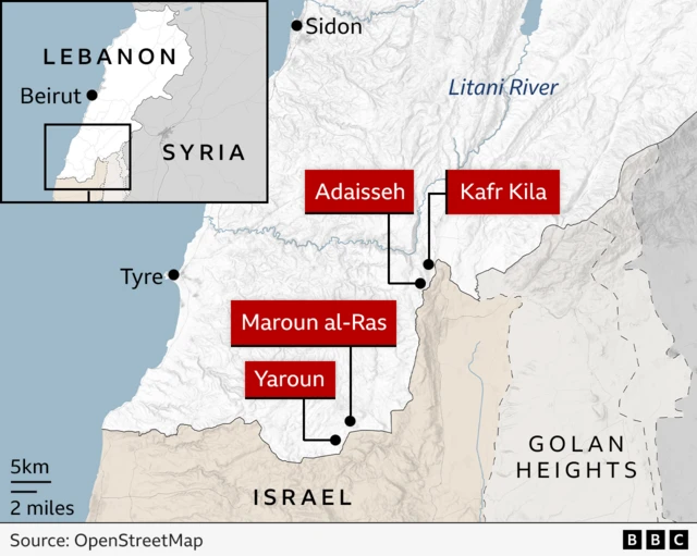 A map showing the Israel-Lebanon border