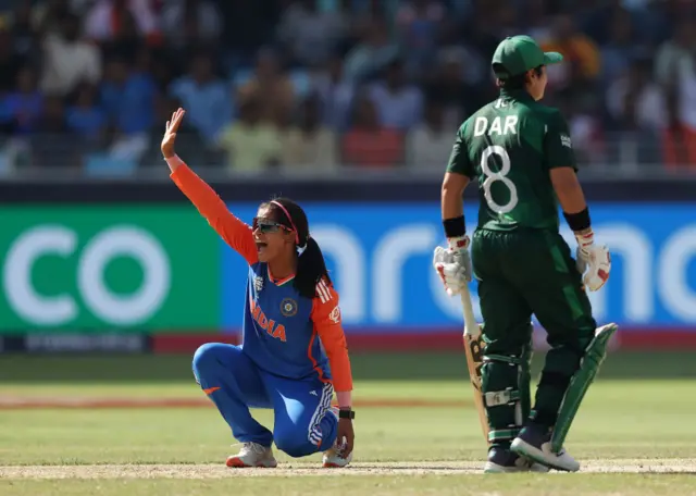 India bowler Shreyanka Patil appeals for a wicket v Pakistan