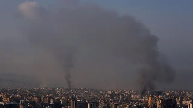 Multiple streams of smoke are seen billowing into a grey sky above the skyline