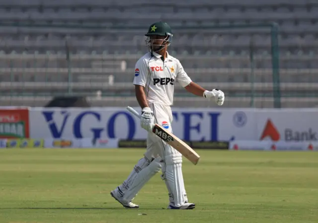 Pakistan's Saim Ayub walks off after being dismissed against England