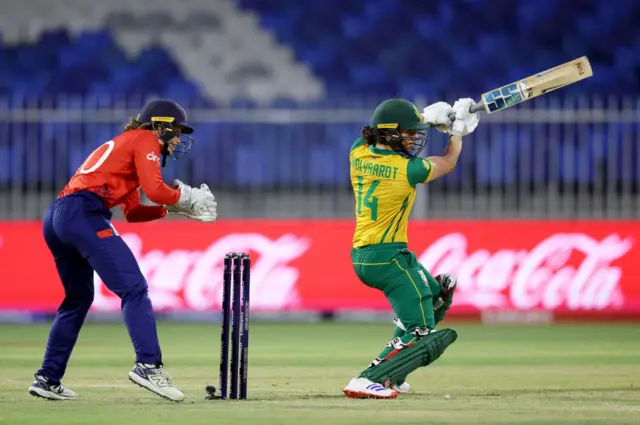 South Africa captain Laura Wolvaardt plays the cut shot