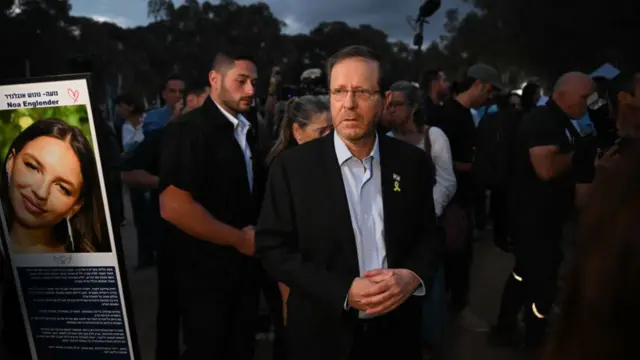 The President of Israel Isaac Herzog attending the one year memorial ceremony at the Nova festival memorial to mark one the first anniversary since Hamas attacked one year ago on October 7, 2024 in Re’im