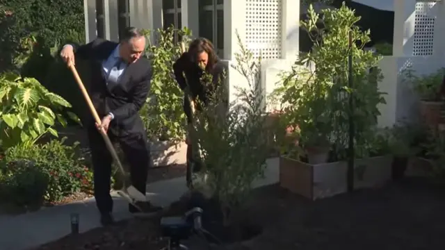 Doug Emhoff and Kamala Harris plant a pomegranate tree