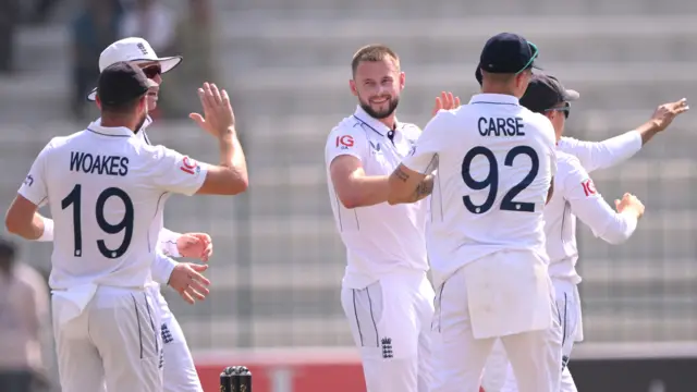 Gus Atkinson celebrates early wicket of Saim Ayub