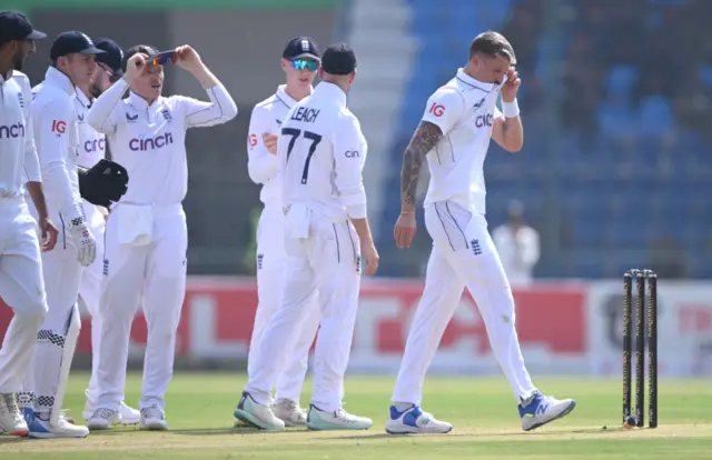 Brydon Carse walks away after reviews denies him a maiden Test wicket