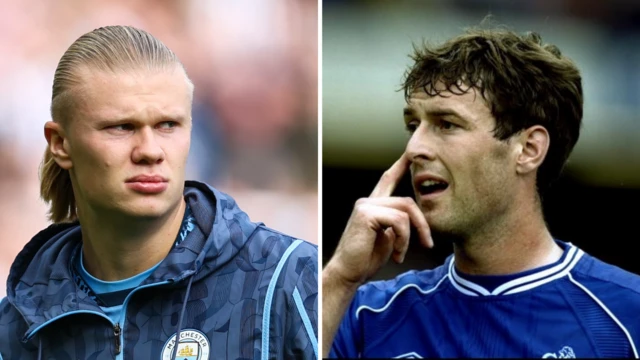 Left: Erling Haaland in Manchester City tracksuit. Right: Chris Sutton playing for Chelsea, 1999.