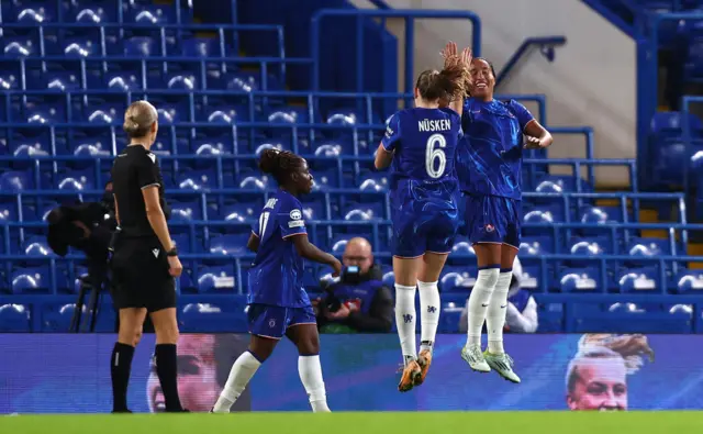 Mayra Ramirez of Chelsea celebrates scoring their teams third goal