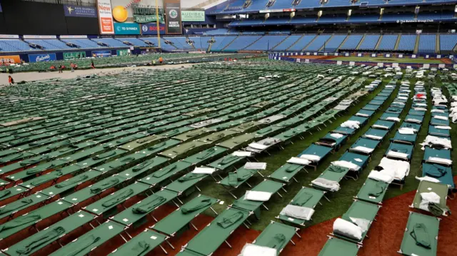 Beds line the field at Tropicana Field in St. Petersburg, Florida