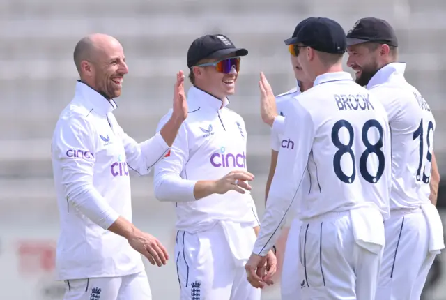 Jack Leach celebrates the wicket of Muhammad Rizwan