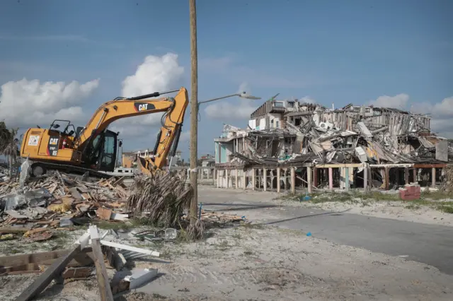 The remains of homes that were heavily damaged by Hurricane Michael remain near the beach on May 09, 2019 in Mexico Beach, Florida