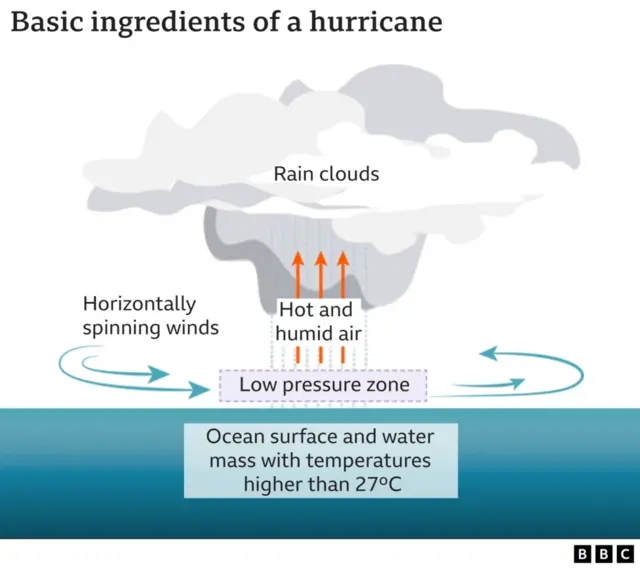 Visual showing how low pressure, hot and humid air, winds and ocean temperature form a hurricane