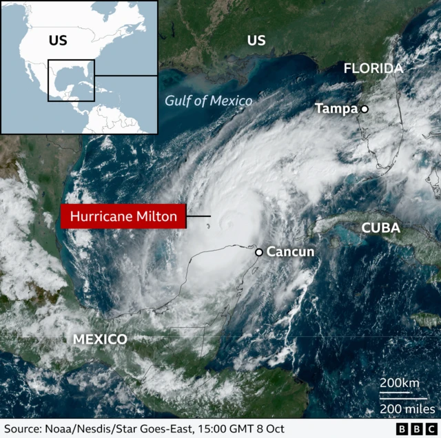 A satellite image shows Hurricane Milton stretched across the Gulf of Mexico