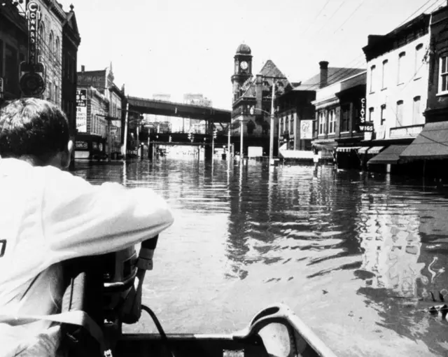 A photograph from 1969 showing flooding following Hurricane Camille