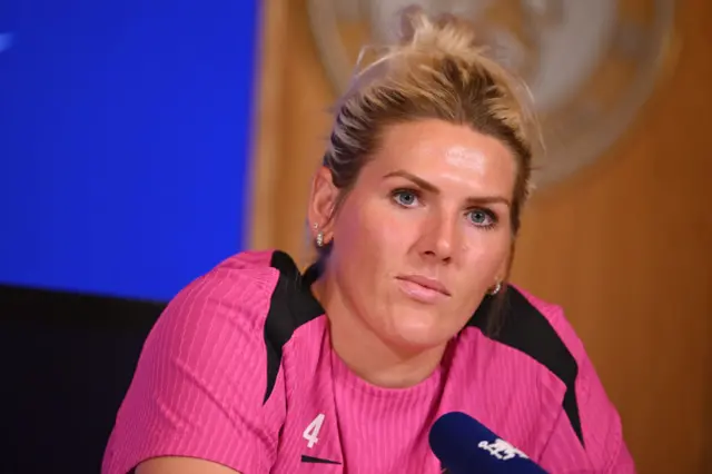Millie Bright of Chelsea speaks to media