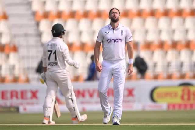 Chris Woakes reacts after beating Naseem Shah's edge