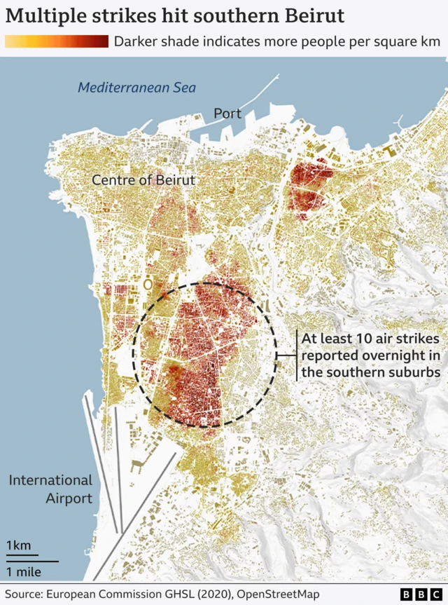 Map of strikes on Beirut, showing most in southern areas