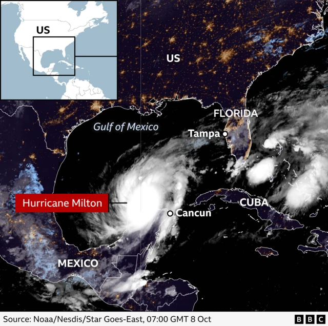 Map shows Hurricane Milton from satellite image in between Mexico, Cuba and Tampa