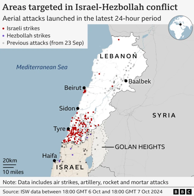 A map showing where the air strikes and rocket attacks have been, marked with dots