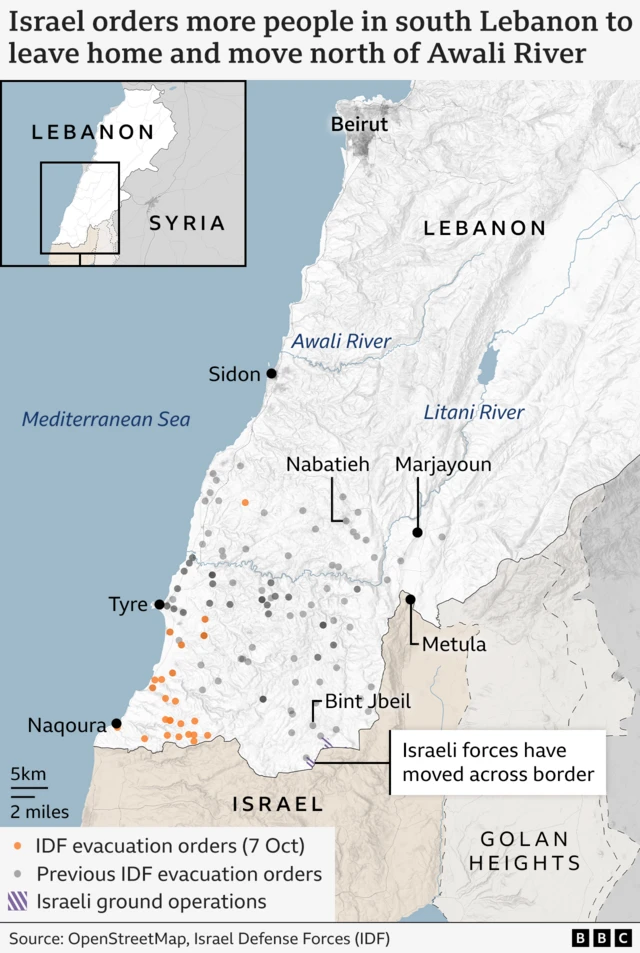 Map showing evacuation orders in southern Lebanon