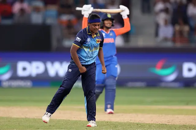 Ama Kanchana of Sri Lanka celebrates taking the wicket of Jemimah Rodrigues