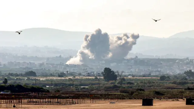 Birds fly away as plumes of smoke erupt following an Israeli air strike on a village near Lebanon's southern city of Tyre