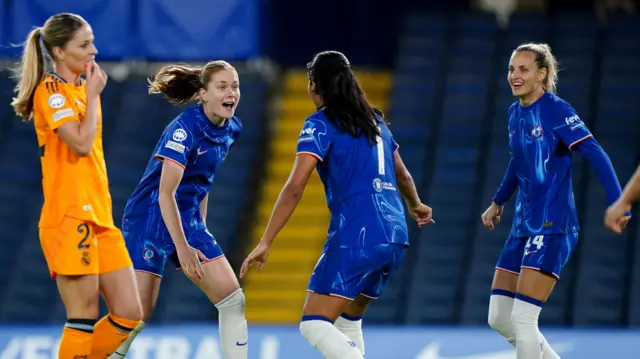 Sjoeke Nusken celebrates scoring for Chelsea against Real Madrid in the Women's Champions League