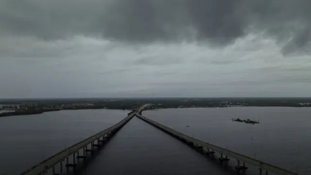 A drone view shows storm clouds over the Caloosahatchee River as Hurricane Milton approaches Fort Myers, Florida, U.S.