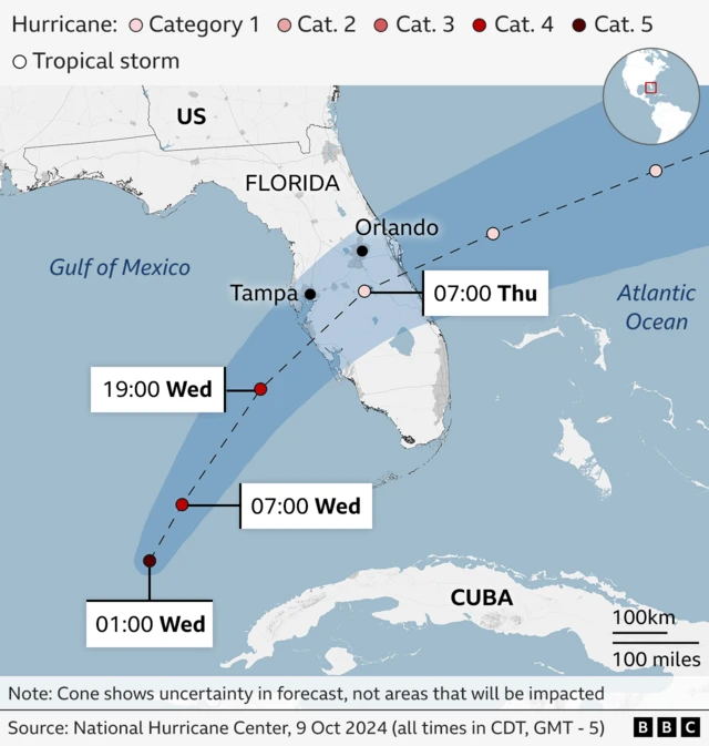 A map showing the path and timings of Hurricane Milton's arrival