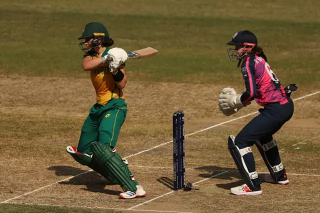 Laura Wolvaardt of South Africa bats ahead of Sarah Bryce