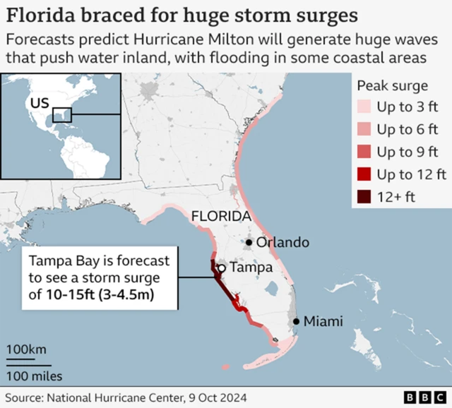 A map showing where storm surges are expected to hit along Florida's coastline, with the Tampa Bay area forecast to experience surges of water as high as 10-15ft (3-4.5m)