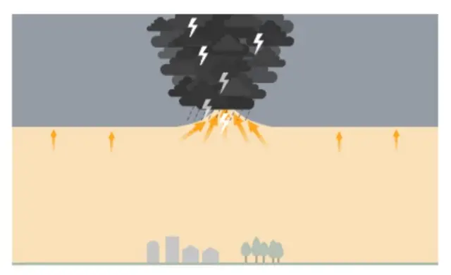 A graphic of the cloud developing further, bringing with it rain and lightning.