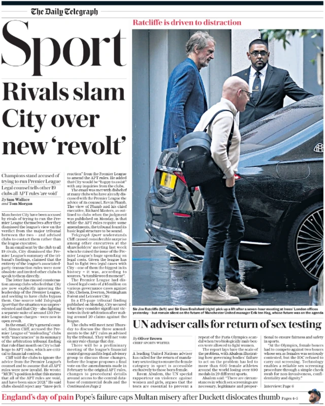 Lead sport page of the Daily Telegraph on 9 October 2024