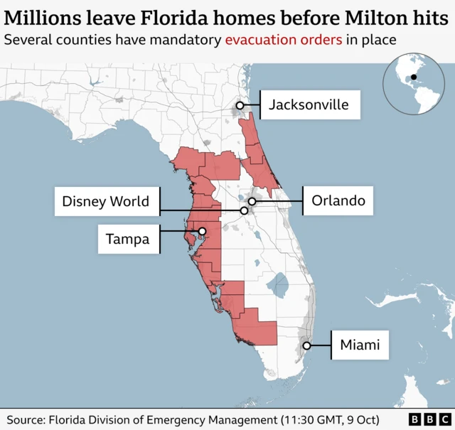 graphic of florida divided by county, counties with mandatory evacuation orders are highlighted in red