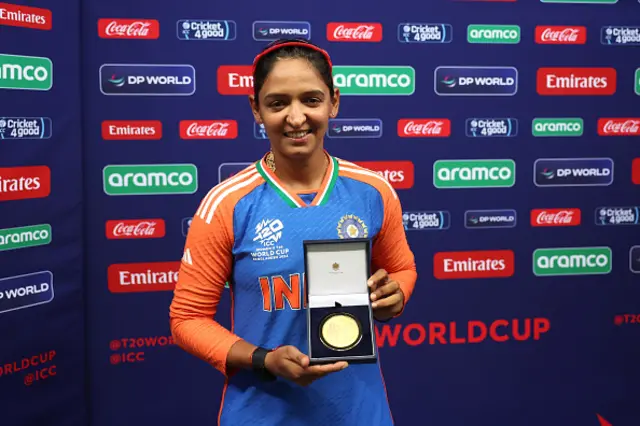 Harmanpreet Kaur of India poses for a picture with her player of the match