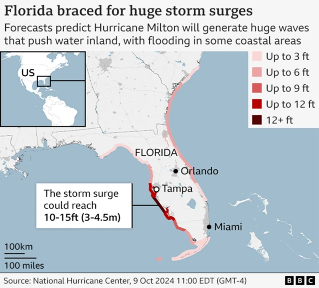 A map of Florida showing how high the storm surge will be along the state's coast.