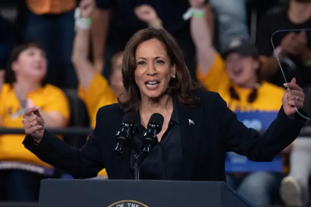 Democratic presidential nominee Vice President Kamala Harris speaks during a rally on 04 October in Flint, Michigan