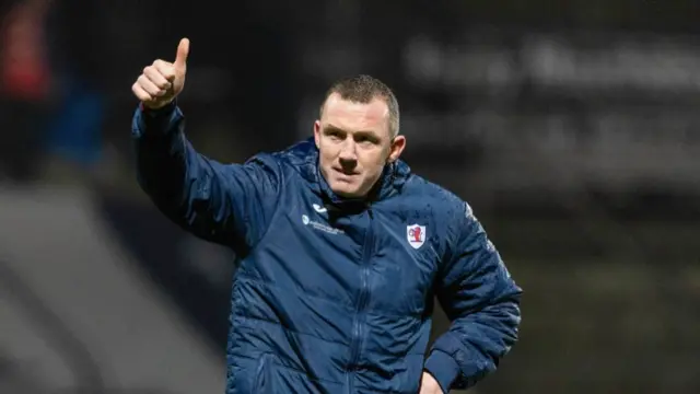 KIRKCALDY, SCOTLAND - NOVEMBER 01: Raith Rovers manager Neill Collins celebrates at full time during a William Hill Championship match between Raith Rovers and Ayr United at Stark's Park, on November 01, 2024, in Kirkcaldy, Scotland. (Photo by Ross Parker / SNS Group)