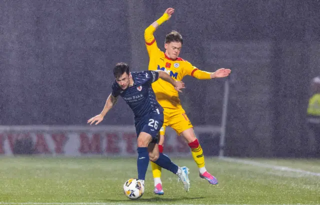 KIRKCALDY, SCOTLAND - NOVEMBER 01: Raith Rovers' Lewis Stevenson and Ayr's Jay Henderson in action during a William Hill Championship match between Raith Rovers and Ayr United at Stark's Park, on November 01, 2024, in Kirkcaldy, Scotland. (Photo by Ross Parker / SNS Group)