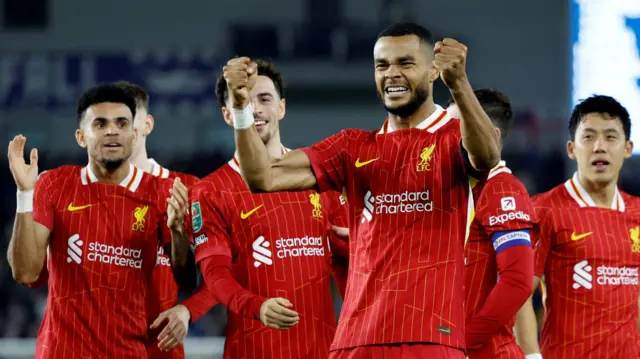 Cody Gakpo and his Liverpool team-mates celebrate a goal against Brighton