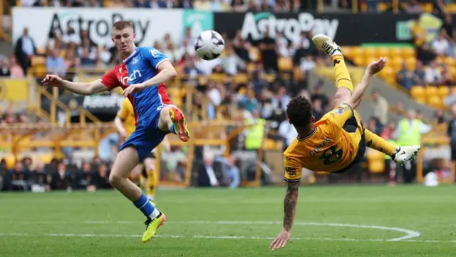 Joao Gomes of Wolverhampton Wanderers shoots during the Premier League match between Wolverhampton Wanderers and Crystal Palace at Molineux