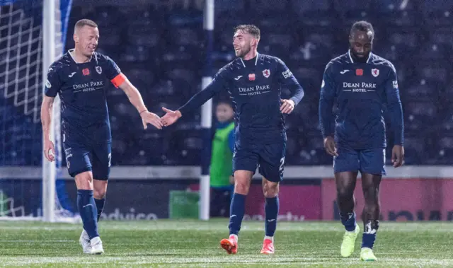 KIRKCALDY, SCOTLAND - NOVEMBER 01: Raith Rovers' Lewis Jamieson celebrates with Scott Brown after scoring to make it 2-0 during a William Hill Championship match between Raith Rovers and Ayr United at Stark's Park, on November 01, 2024, in Kirkcaldy, Scotland. (Photo by Ross Parker / SNS Group)