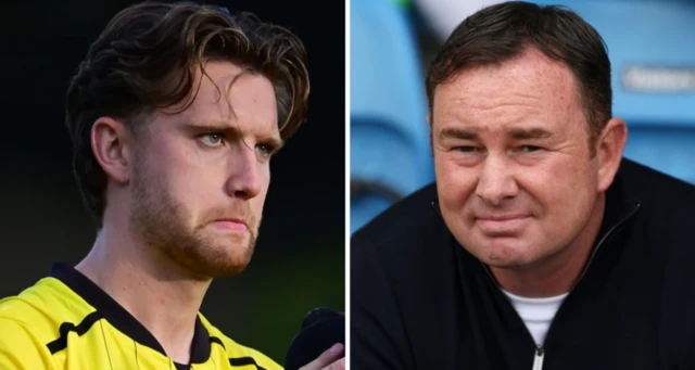 Split picture of a Burton player and Morecambe boss Derek Adams