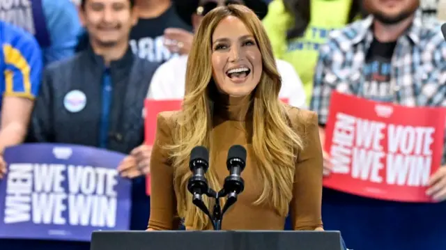 US singer Jennifer Lopez speaks ahead of US Vice President and Democratic presidential candidate Kamala Harris during a campaign rally at the Craig Ranch Amphitheater in Las Vegas,