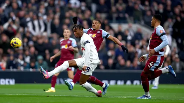 Destiny Odogie of Tottenham Hotspur takes a shot at the goal during the Premier League match between Tottenham Hotspur and Aston Villa at Tottenham Hotspur Stadium